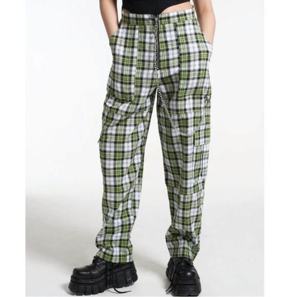 The Ragged Priest Green Plaid Cargo Combat Cotton Pants Size Medium - Picture 2 of 9
